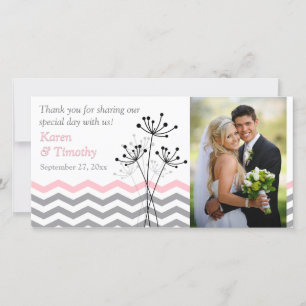 Pink, Gray Floral, Chevrons Wedding Photo Card
