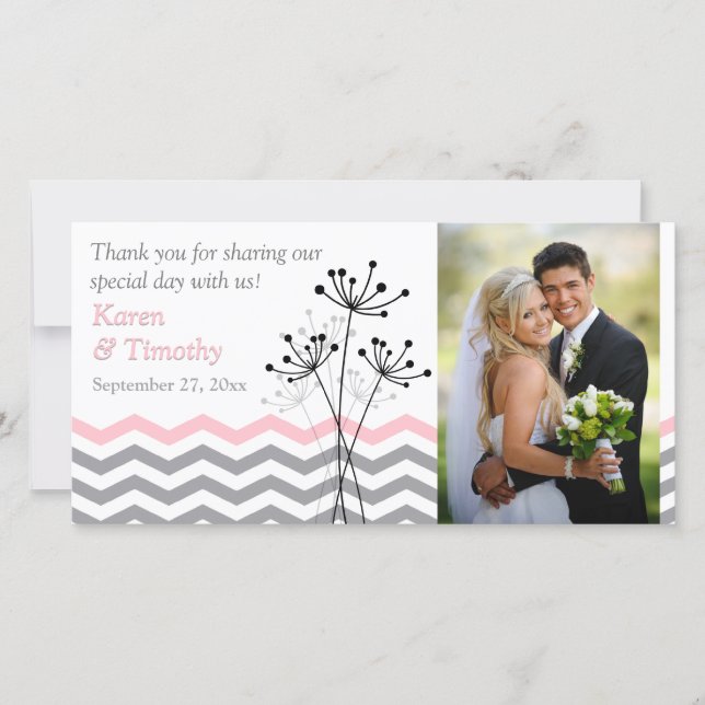 Pink, Gray Floral, Chevrons Wedding Photo Card (Front)