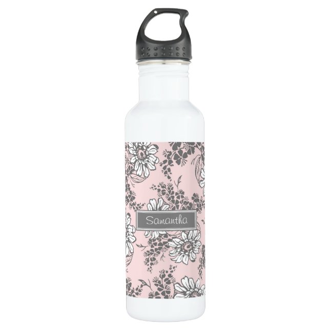 Pink Gray Floral Custom Name Water Bottle (Front)
