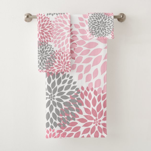 Pink Gray Floral Dahlia blossoms bath decor Bath Towel Set Zazzle