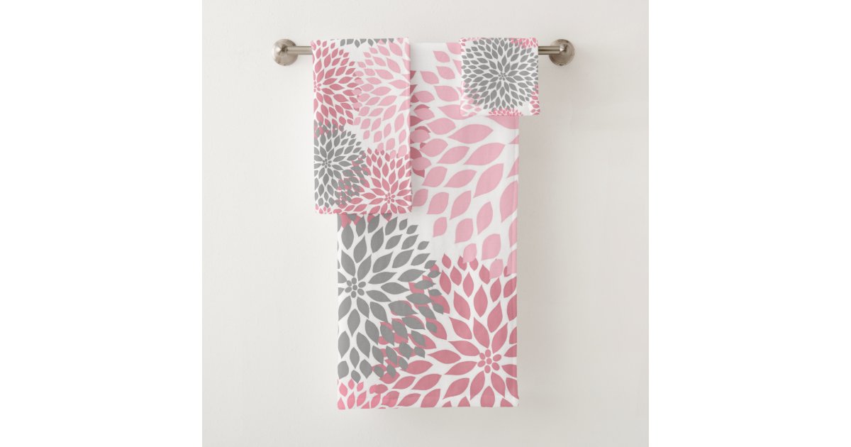 Pink Gray Floral Dahlia blossoms bath decor Bath Towel Set Zazzle