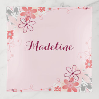 Pink Gray Floral Elegant Watercolor Trinket Tray