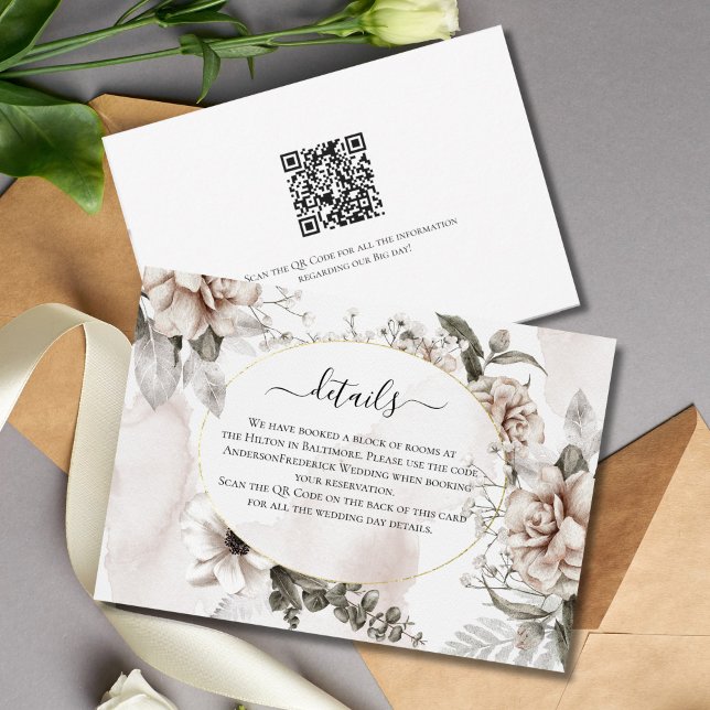 Pink Gray Floral Elegant Wedding Details card (Pink Gray Floral Watercolor Wedding details card)