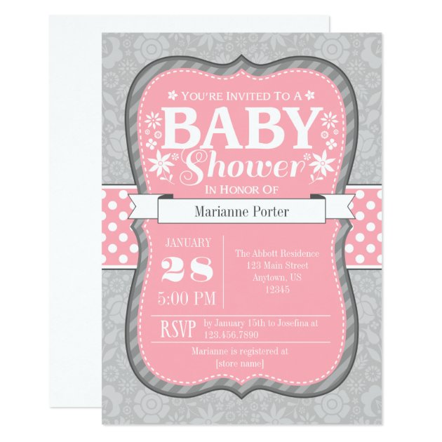 Pink Gray Floral Flower Baby Shower Invitation