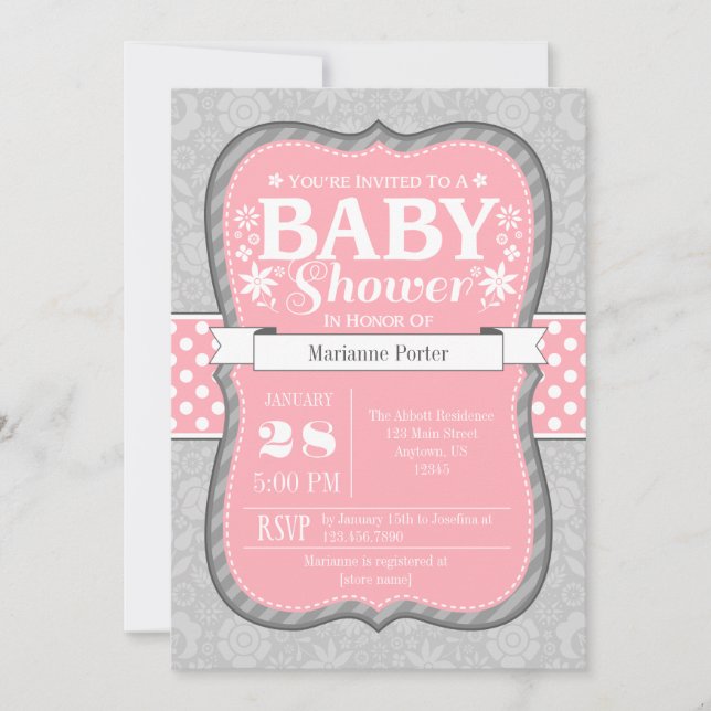 Pink Gray Floral Flower Baby Shower Invitation (Front)
