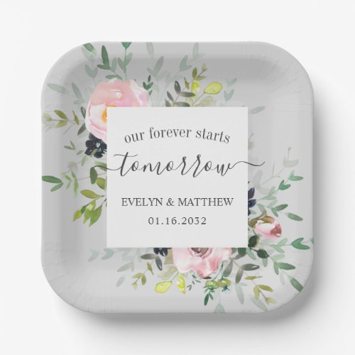 Pink Gray Floral Forever Starts Tomorrow Rehearsal Paper Plates