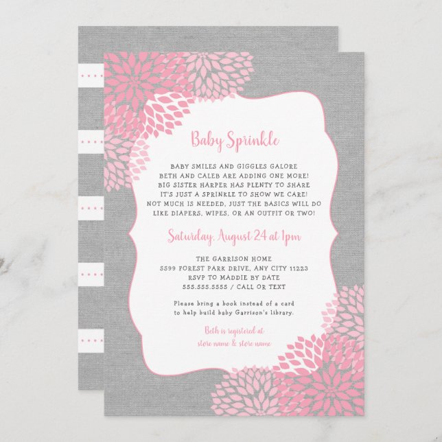Pink Gray Floral Girl Baby Sprinkle invitation (Front/Back)
