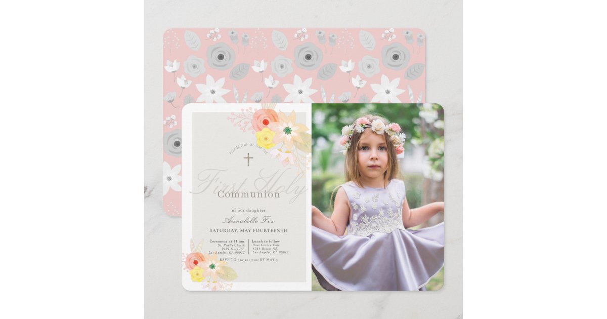 Pink Gray Floral Girl Photo First Holy Communion Invitation | Zazzle