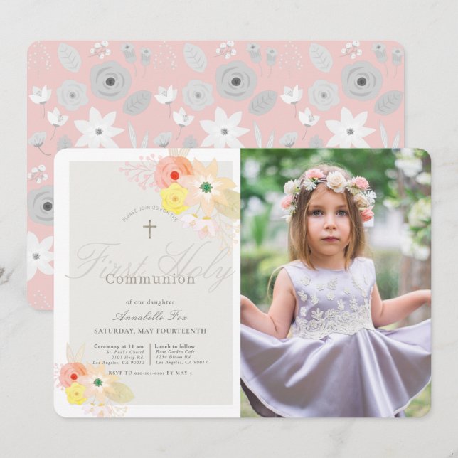 Pink Gray Floral Girl Photo First Holy Communion Invitation (Front/Back)