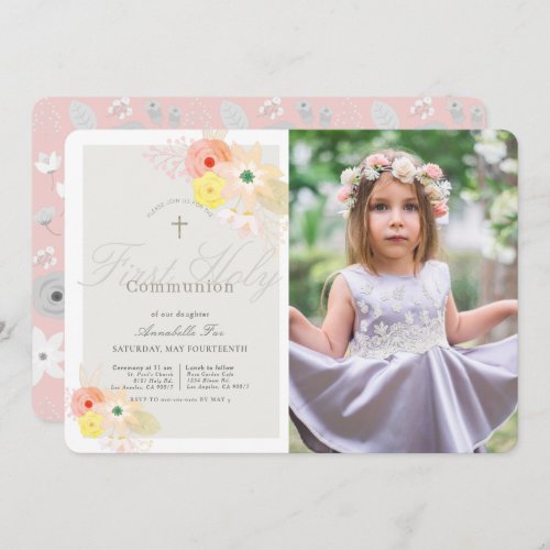 Pink Gray Floral Girl Photo First Holy Communion Invitation