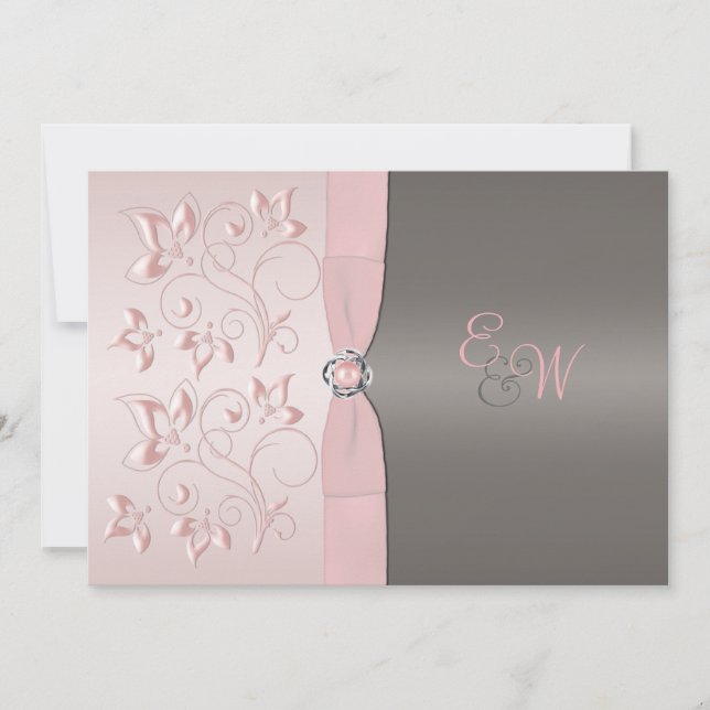 Pink, Gray Floral Monogram Wedding Invitation (Front)