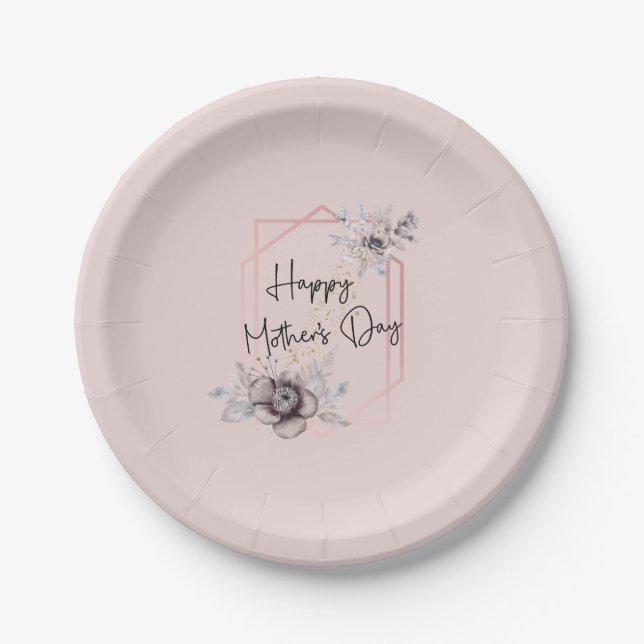 Pink Gray Floral Mother's Day Paper plates (Front)