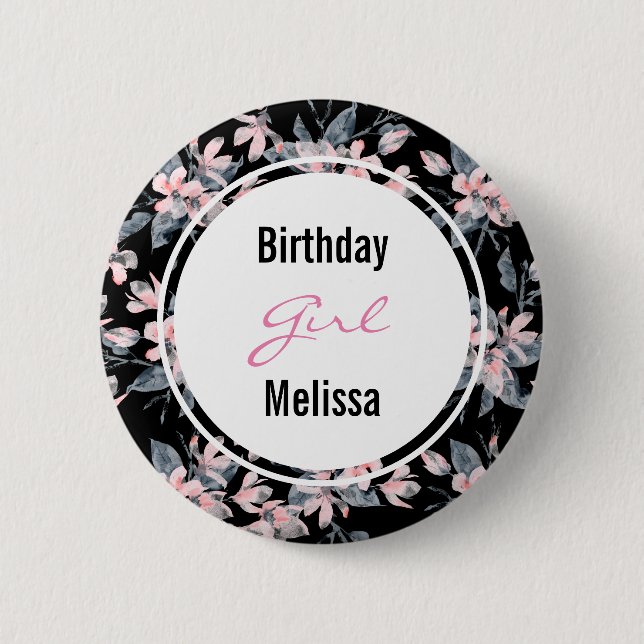 Pink & Gray Floral Pattern Birthday Girl Button (Front)