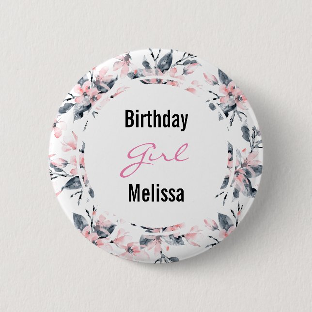 Pink & Gray Floral Pattern Birthday Girl Button (Front)