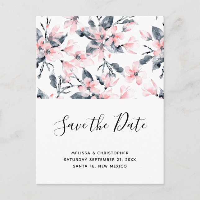 Pink & Gray Floral Pattern Save the Date Invitation Postcard (Front)