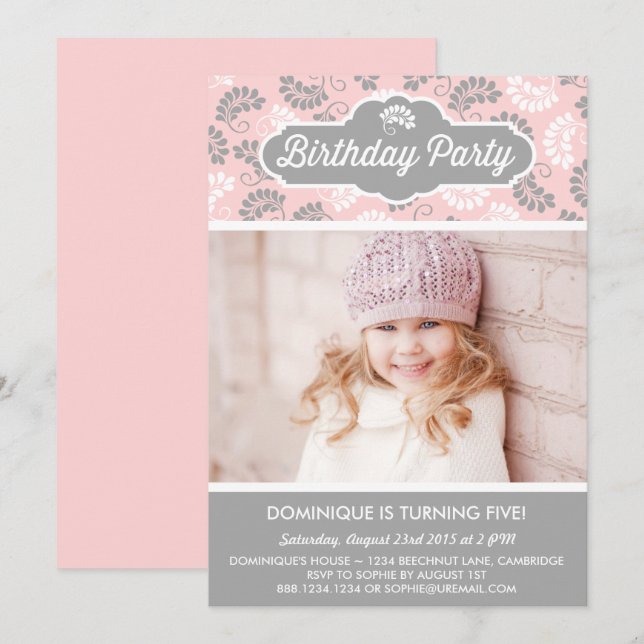 Pink & Gray Floral Photo Kids Birthday Invitation (Front/Back)