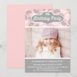 Pink & Gray Floral Photo Kids Birthday Invitation