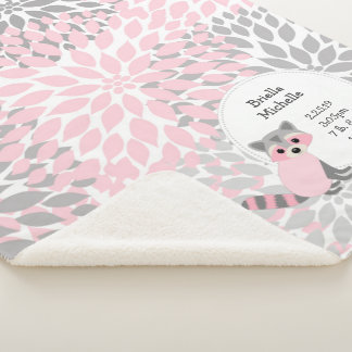 Pink gray floral raccoon baby girl birth stats sherpa blanket