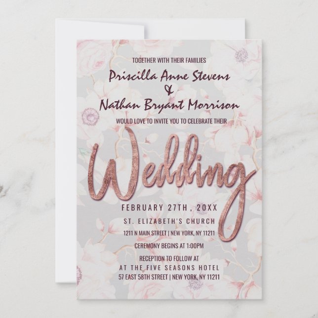 Pink Gray Floral Rose Gold Handwritten Wedding Invitation (Front)