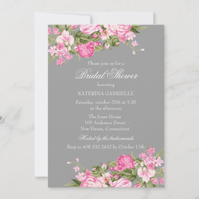 Pink Gray Floral Shabby Chic Bridal Shower Invite (Front)