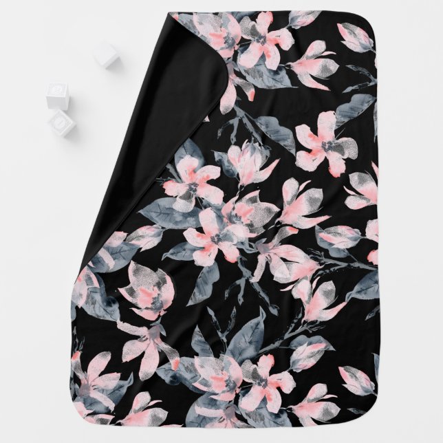 Pink & Gray Floral Watercolor Pattern Baby Blanket (In Situ)