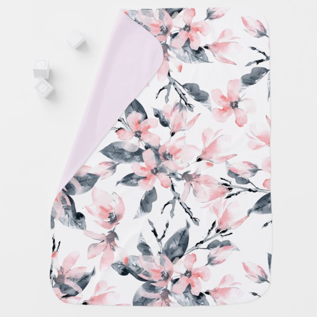 Pink & Gray Floral Watercolor Pattern Baby Blanket (In Situ)
