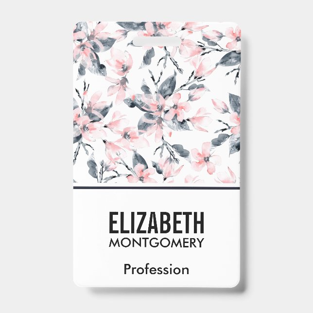Pink & Gray Floral Watercolor Pattern Badge (Front)