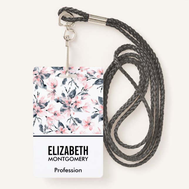 Pink & Gray Floral Watercolor Pattern Badge (Front with Lanyard)