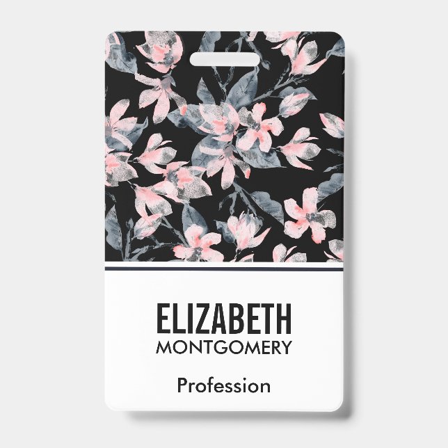 Pink & Gray Floral Watercolor Pattern Badge (Front)