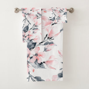 Pink & Gray Floral Watercolor Pattern Bath Towel Set
