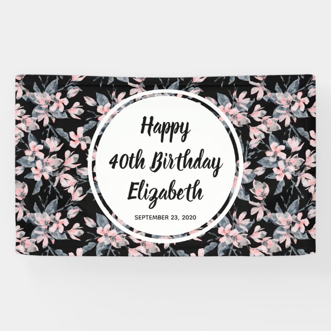 Pink & Gray Floral Watercolor Pattern Birthday Banner (Horizontal)