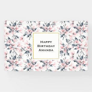 Pink & Gray Floral Watercolor Pattern Birthday Banner