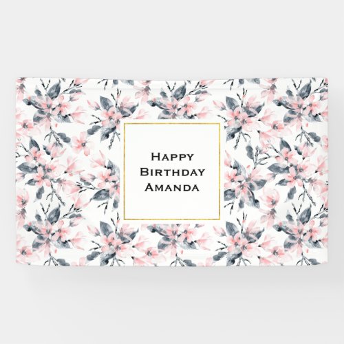Pink  Gray Floral Watercolor Pattern Birthday Banner