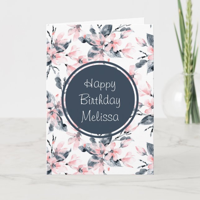 Pink & Gray Floral Watercolor Pattern Birthday Card (Front)