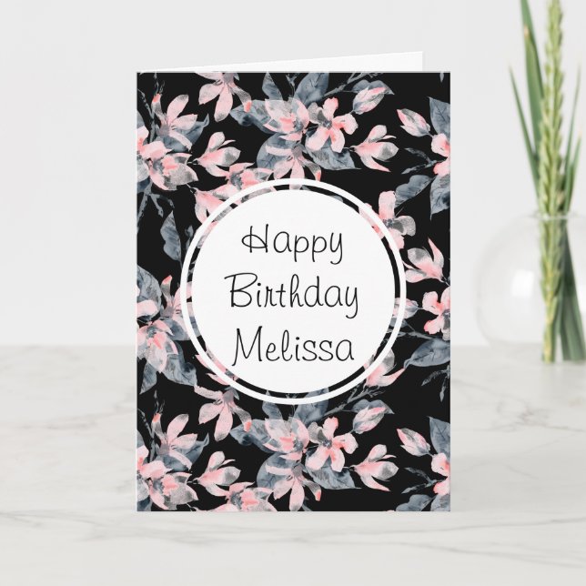 Pink & Gray Floral Watercolor Pattern Birthday Card (Front)