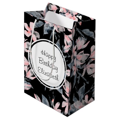 Pink  Gray Floral Watercolor Pattern Birthday Medium Gift Bag