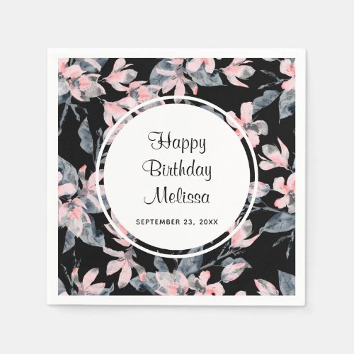 Pink  Gray Floral Watercolor Pattern Birthday Napkins