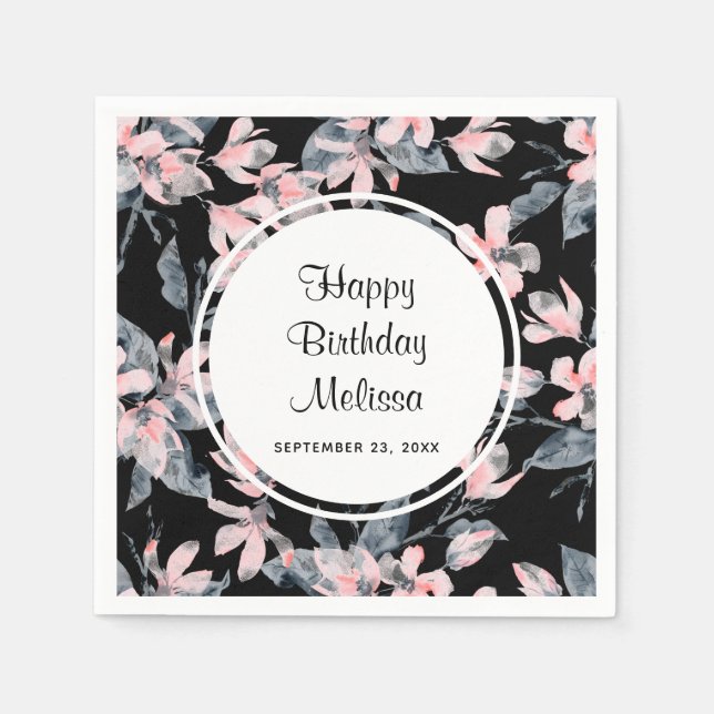 Pink & Gray Floral Watercolor Pattern Birthday Napkins (Front)