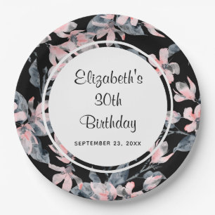 Pink & Gray Floral Watercolor Pattern Birthday Paper Plates
