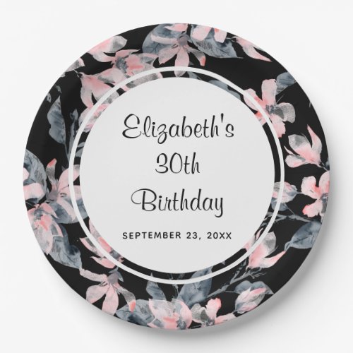 Pink  Gray Floral Watercolor Pattern Birthday Paper Plates