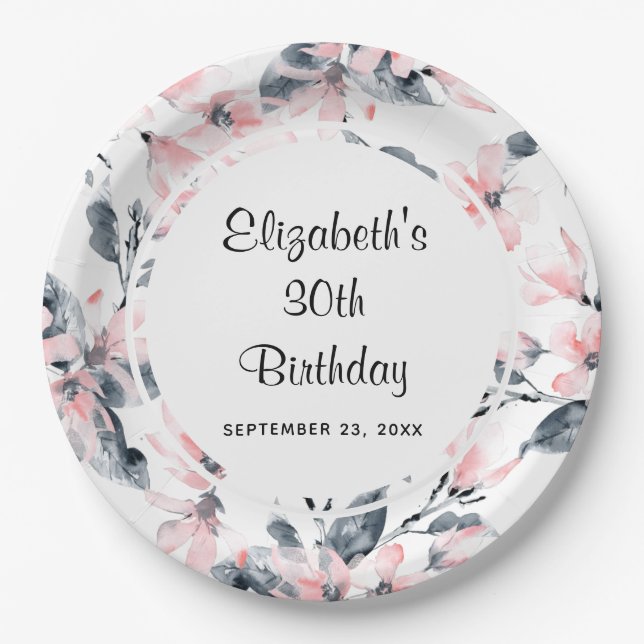 Pink & Gray Floral Watercolor Pattern Birthday Paper Plates (Front)