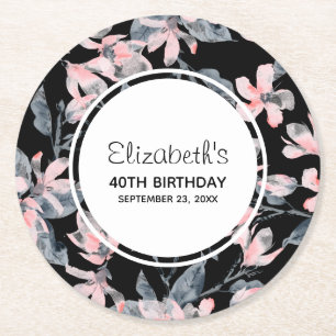 Pink & Gray Floral Watercolor Pattern Birthday Round Paper Coaster