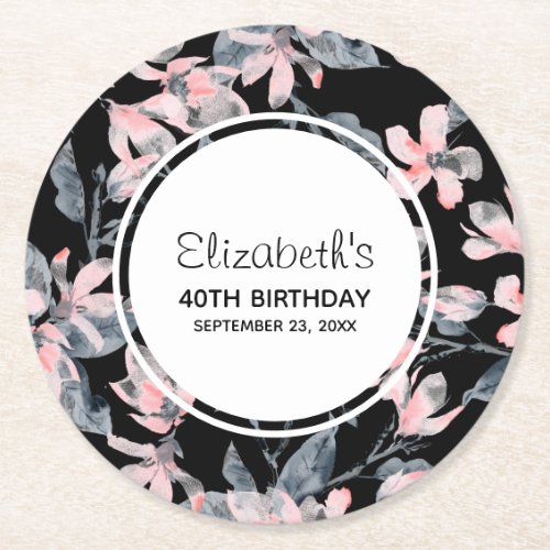 Pink  Gray Floral Watercolor Pattern Birthday Round Paper Coaster