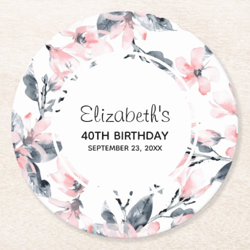 Pink  Gray Floral Watercolor Pattern Birthday Round Paper Coaster