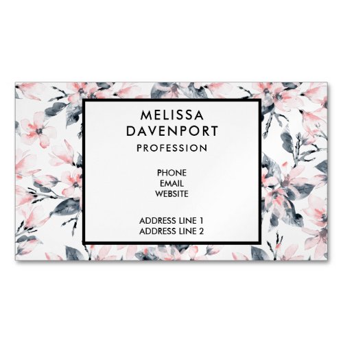 Pink  Gray Floral Watercolor Pattern Business Card Magnet