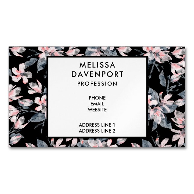 Pink & Gray Floral Watercolor Pattern Business Card Magnet (Front)