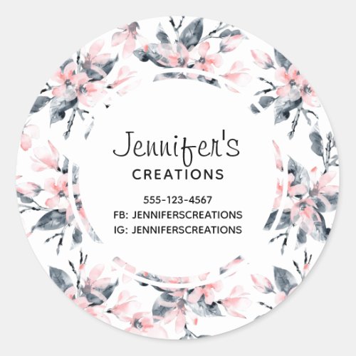 Pink  Gray Floral Watercolor Pattern Business Classic Round Sticker