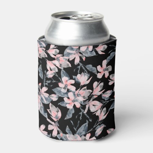 Pink  Gray Floral Watercolor Pattern Can Cooler