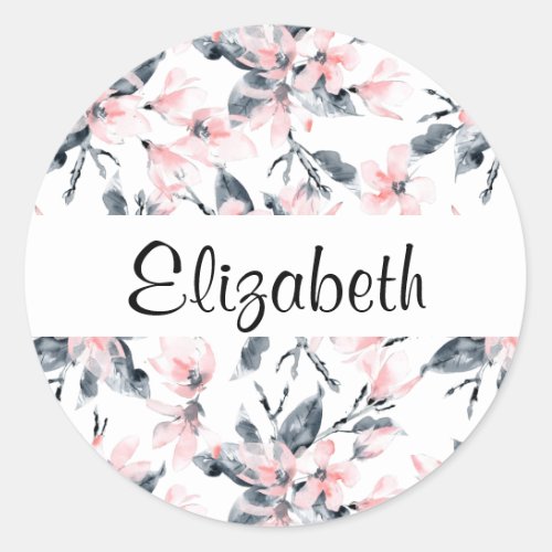 Pink  Gray Floral Watercolor Pattern Classic Round Sticker