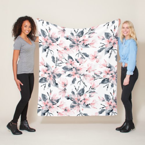 Pink  Gray Floral Watercolor Pattern Fleece Blanket